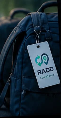 A backpack with a RADD lost-and-found identification tag